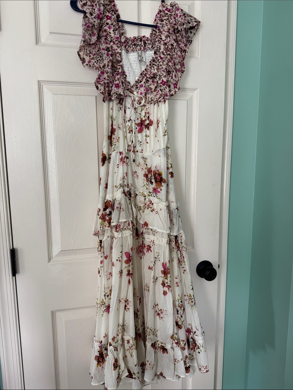 Floral Ruffle Tiered Maxi Dress - Cream with Pink & Brown Flowers